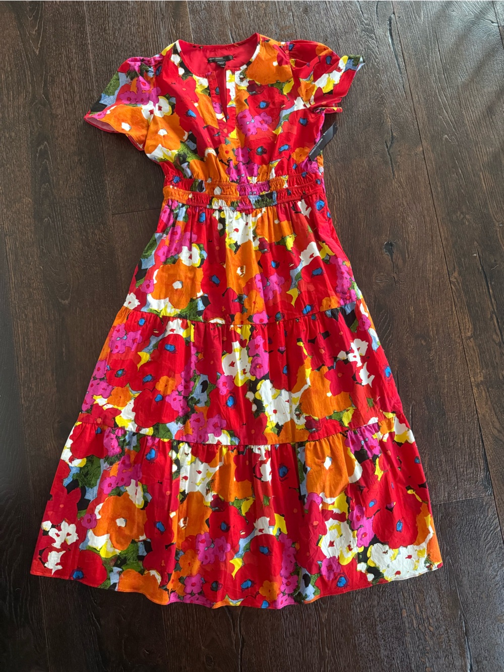 Maggy London Red Floral Maxi Dress with Orange and Pink Accents